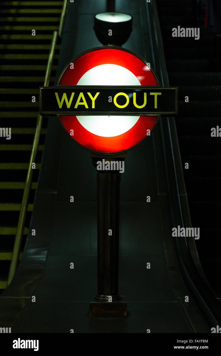 A vintage 'way out' sign can be seen at St. John's Wood station on the London Underground. Stock Photo