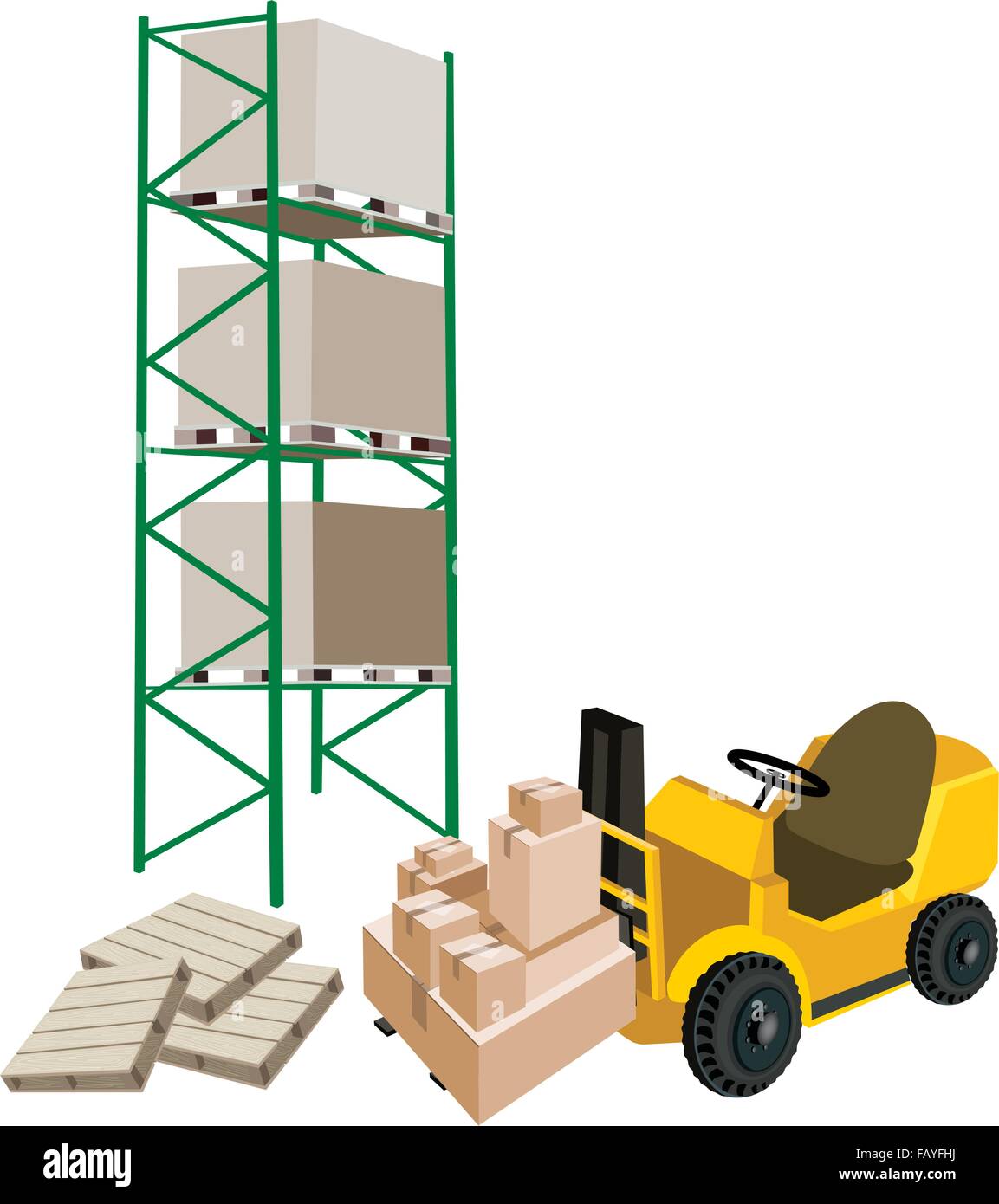 Powered Industrial Forklift, Fork Heavy Machine, Fork Truck or Lift Truck Loading A Stack of Sealed Cardboard Boxes in Industria Stock Vector