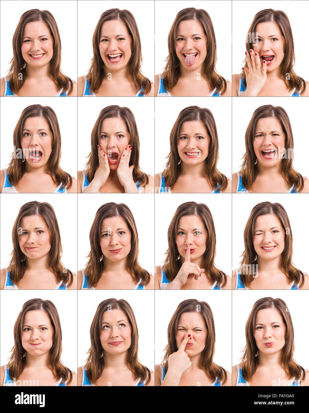 Multiple portraits of the same girl with different expressions Stock Photo