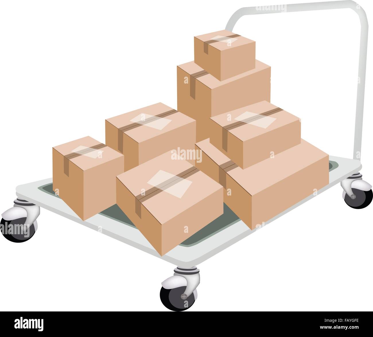 A Hand Truck or Dolly Loading Stack of Sealed Cardboard Boxes Isolated