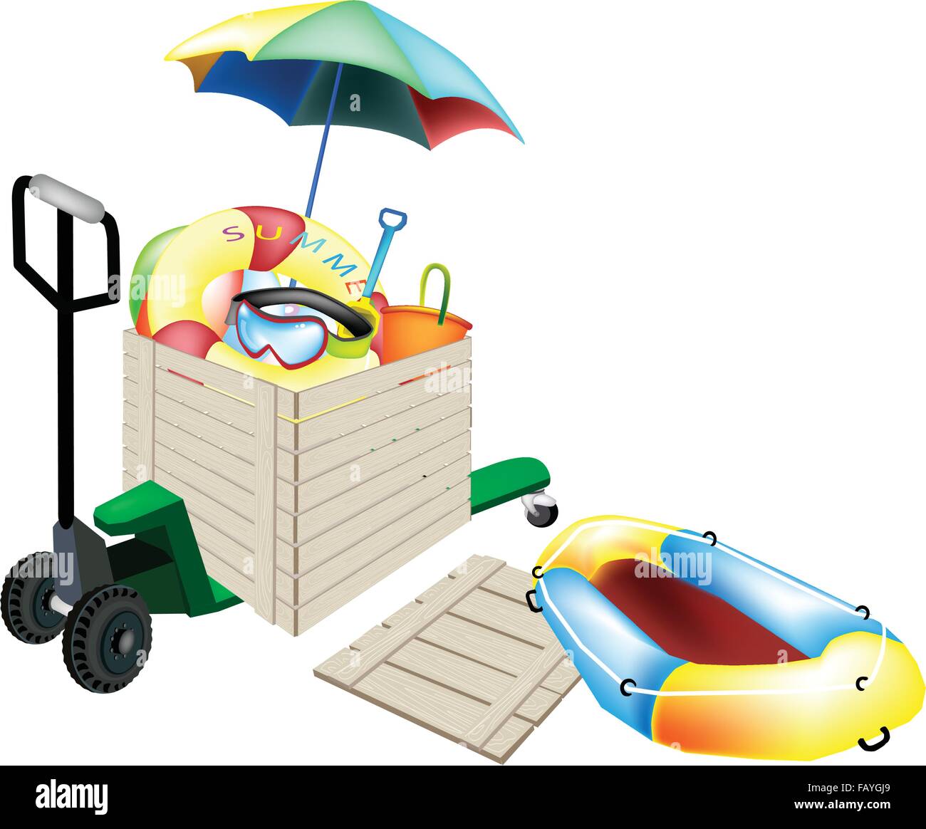 Fork Pallet Truck Loading A Wooden Crate or Cargo Box full with Beach