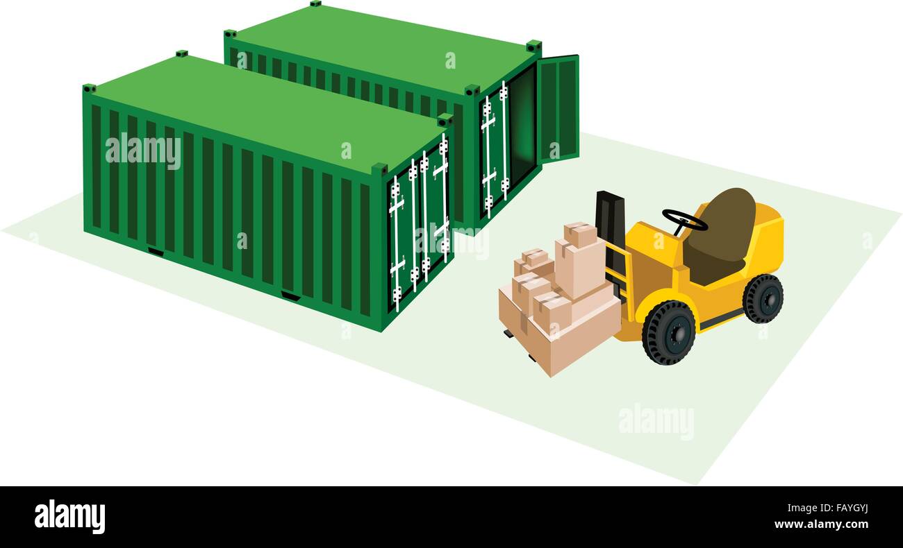 Powered Industrial Forklift, Fork Heavy Machine, Fork Truck or Lift Truck Loading A Stack of Sealed Cardboard Boxes into Cargo C Stock Vector