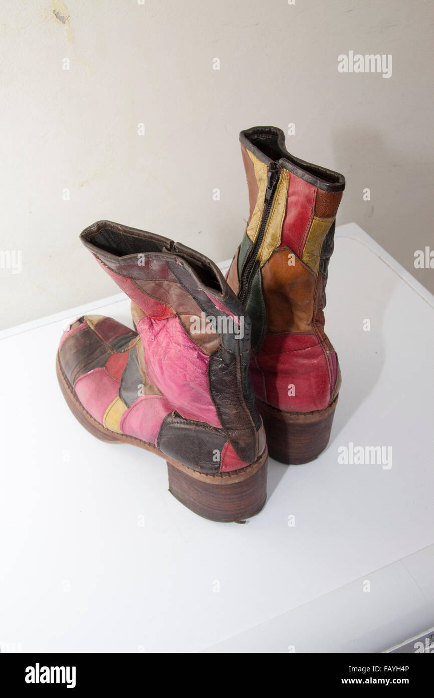A pair of 1970s patchwork mens platform soled boots Stock Photo