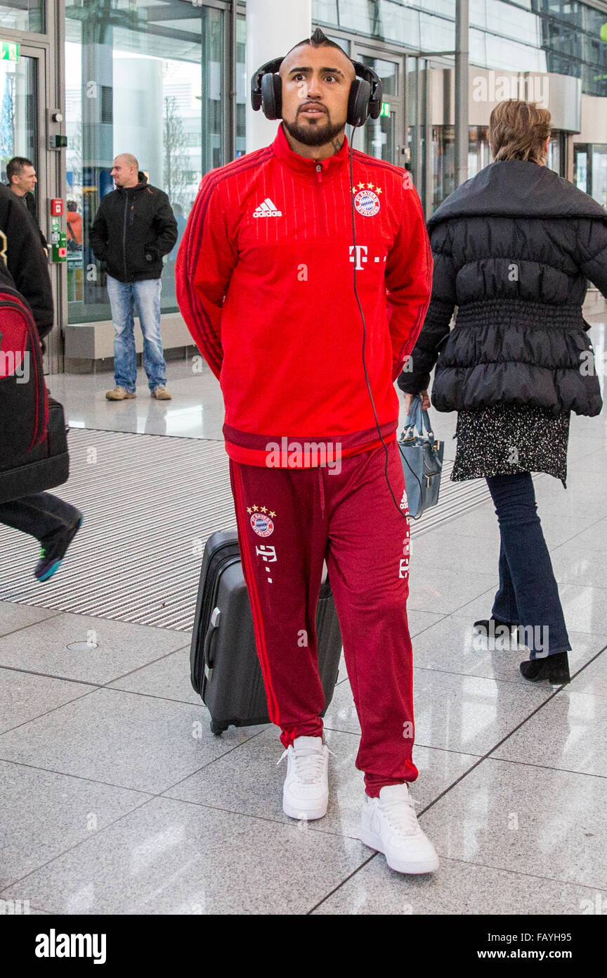 Munich, Germany. 06th Jan, 2016. Arturo Vidal of FC Bayern Munich at Munich  Airport in Munich, Germany, 06 January 2016. He is on the way with his team  to a training camp