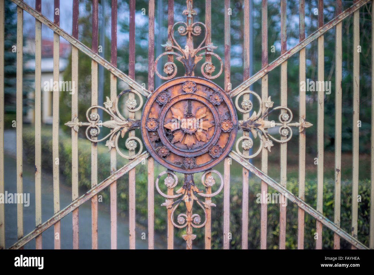 Old worn out ornamental iron gate Stock Photo