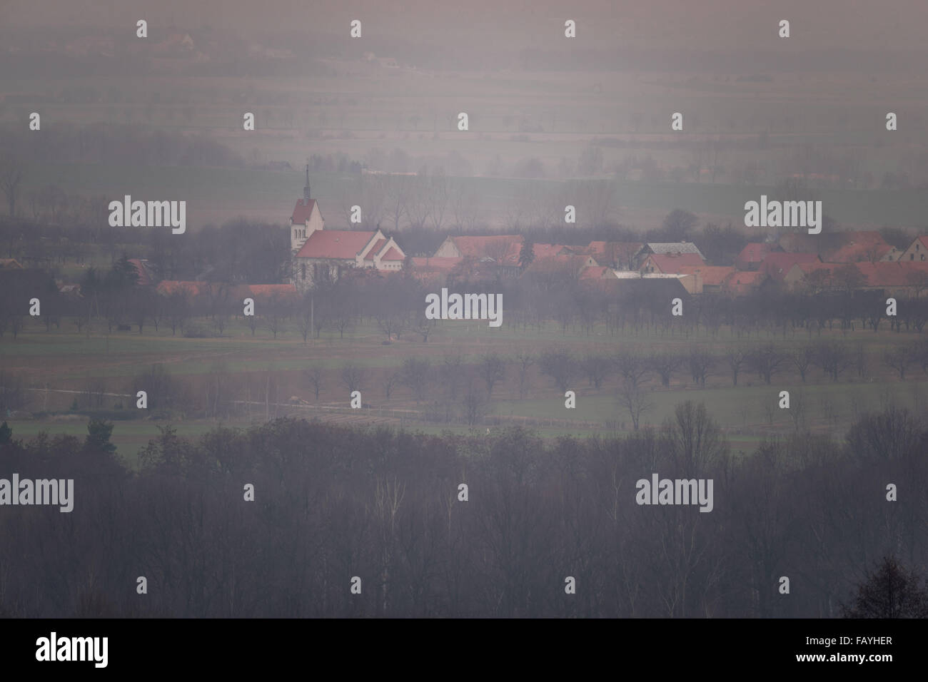 Myslakow village among fields pictured in the old school manner vignetting Stock Photo
