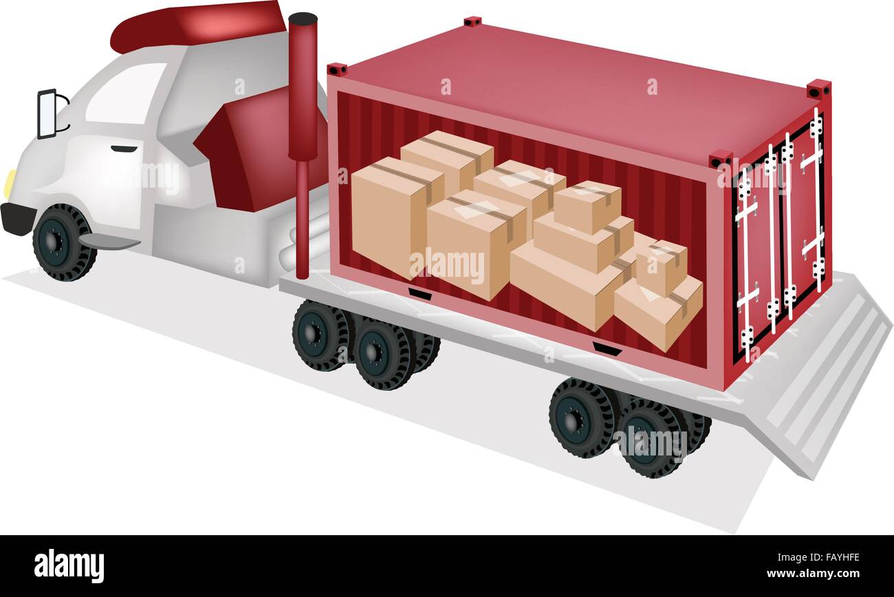 A Freight Container Trucking A Group of Cardboard Boxes on The Back of