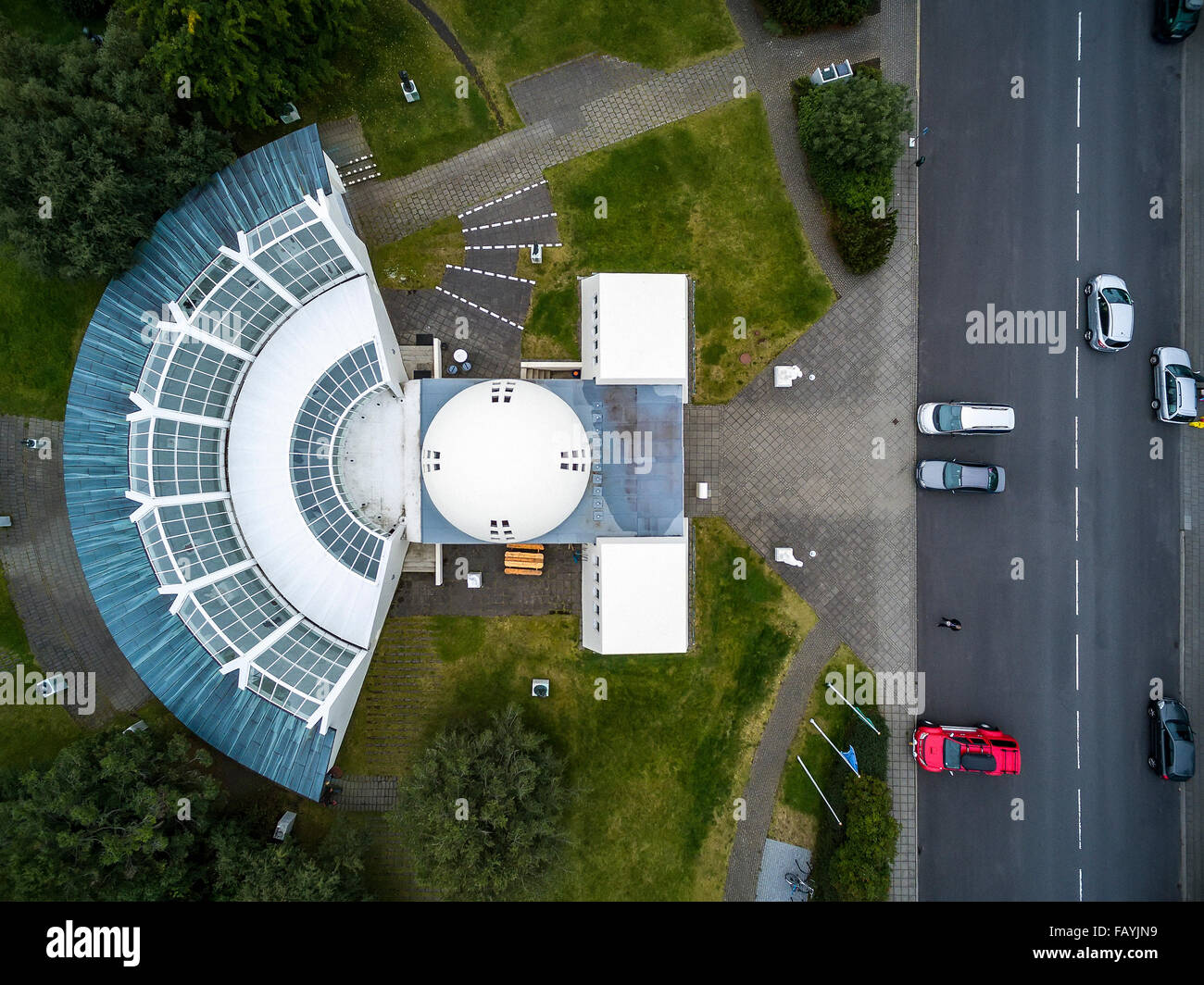 Top view of the Sculptor Asmundur Sveinsson art gallery, image shot with a drone, Reykjavik, Iceland Stock Photo