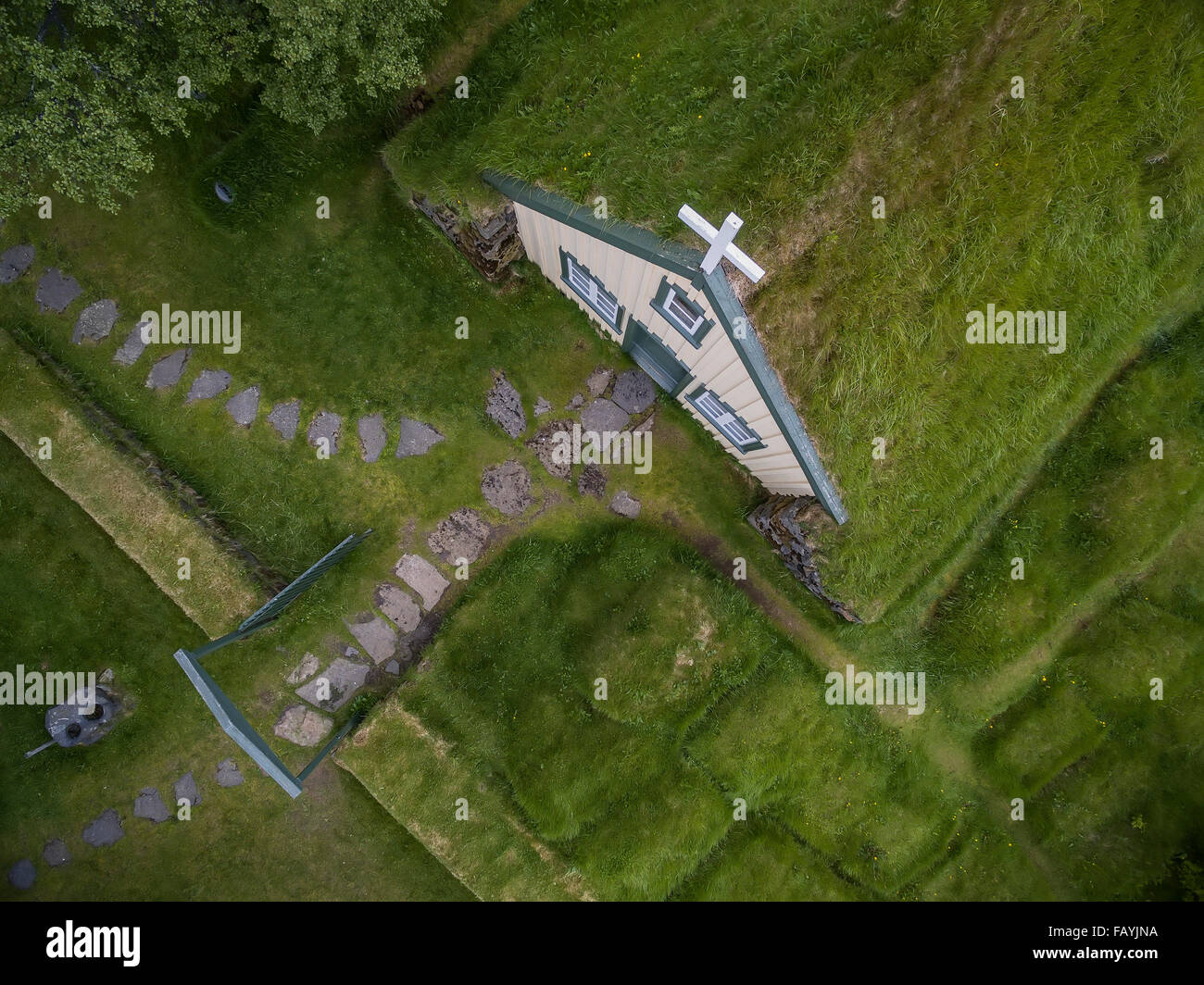 Hofskirkja Church, a turf-roofed church, Iceland. Image shot with a drone. Stock Photo