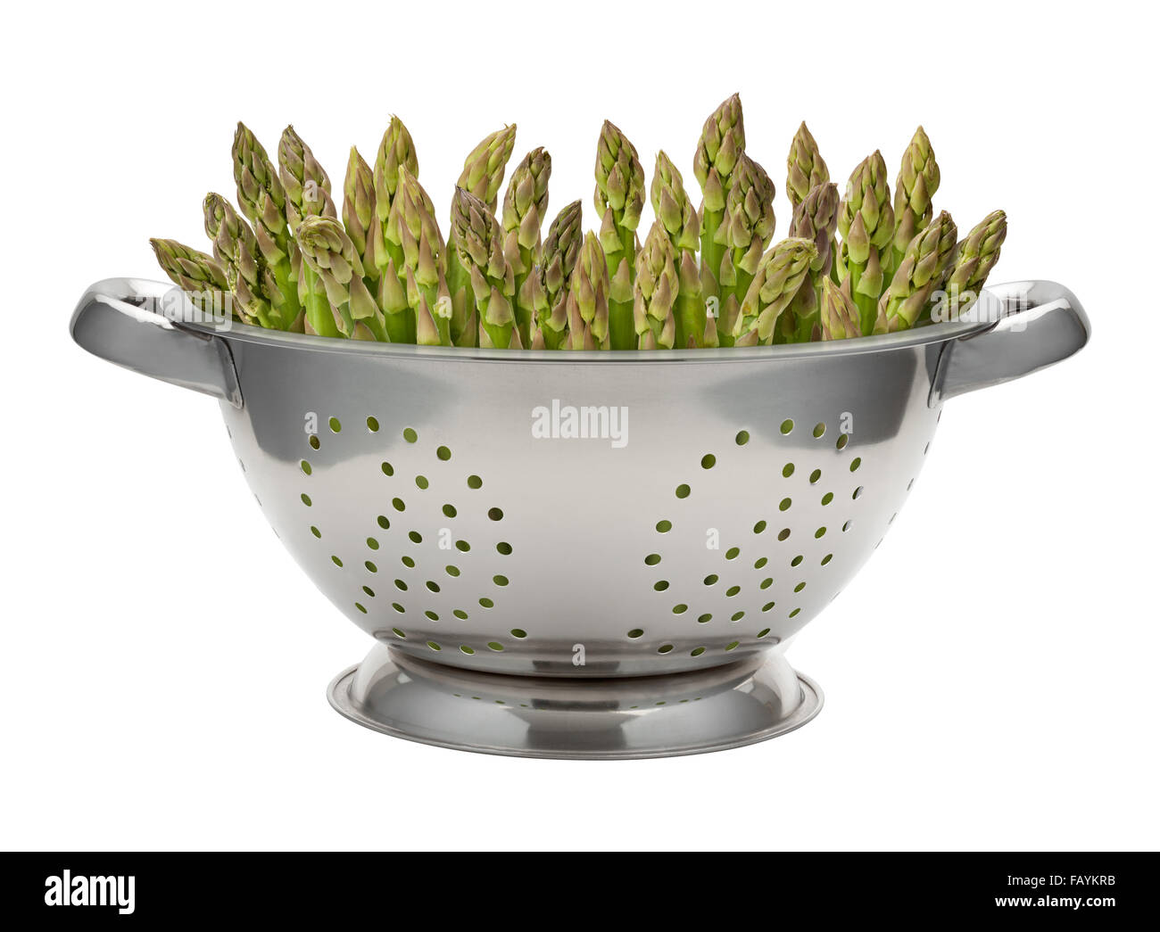 Fresh Asparagus in a Stainless Steel Colander Stock Photo
