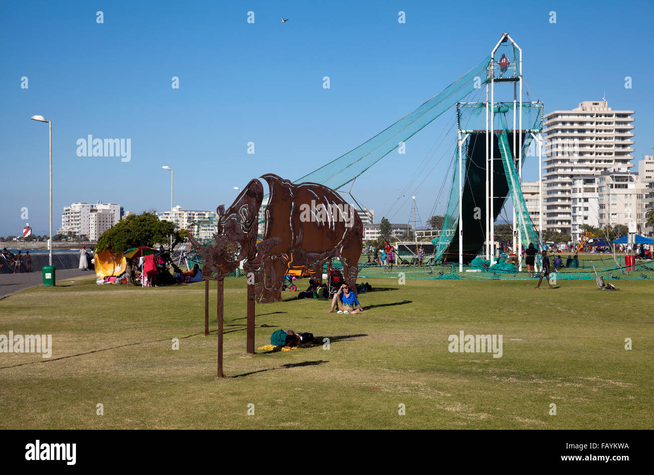 Circus School Slide and Netting and Art for Public on Sea Point Promenade Lawn in Sea Point - Cape Town - South Africa Stock Photo