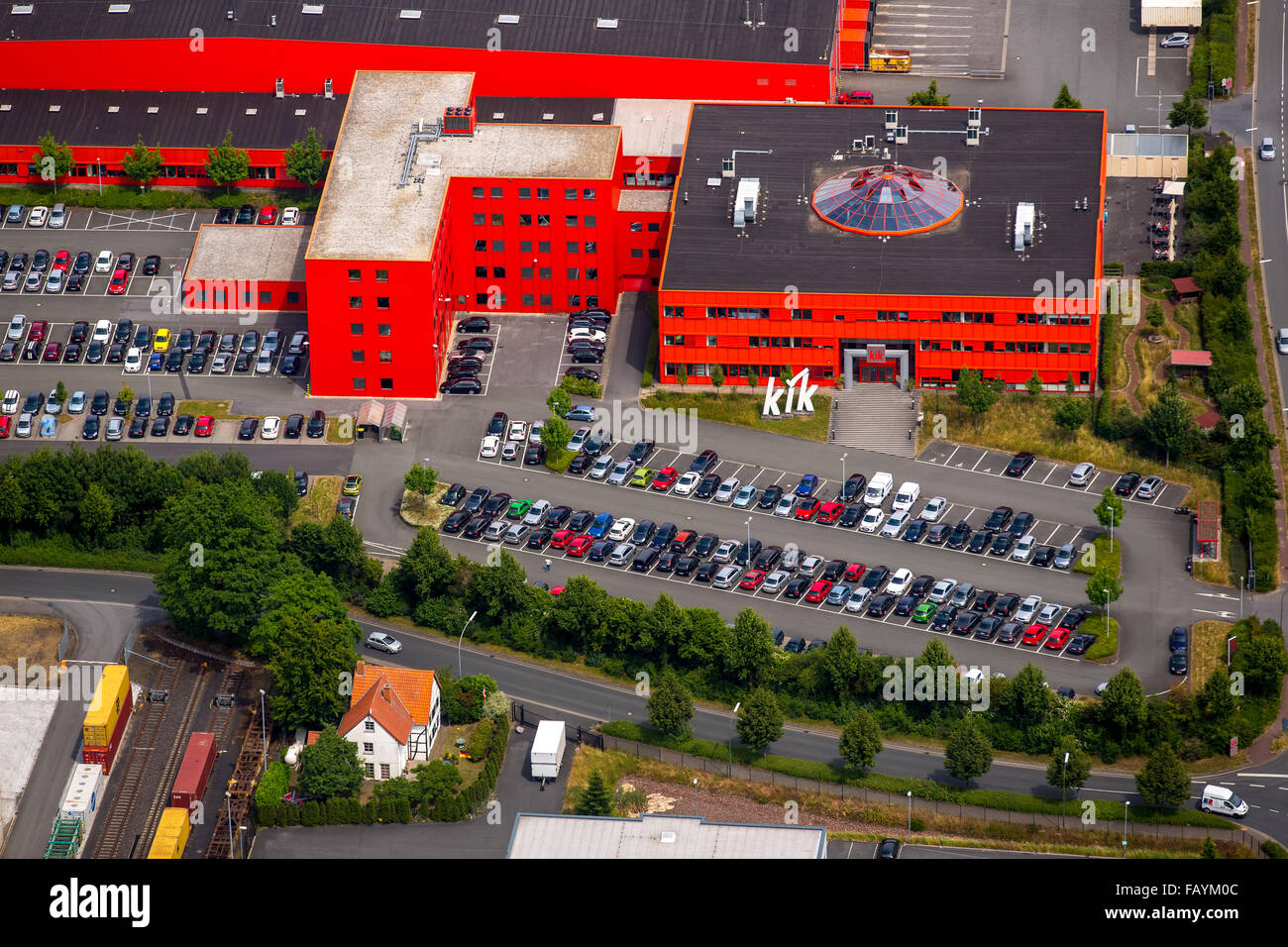 Aerial view, industrial area Siemensstraße with KIK and Woolworth on the A2, Bönen, Ruhr area, North Rhine-Westphalia, Germany, Stock Photo