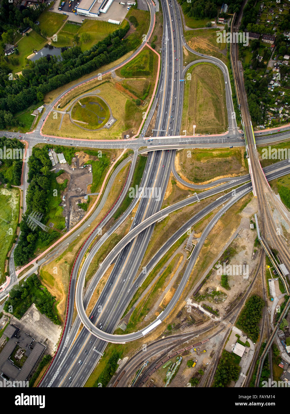 Aerial view, A40, Ruhrschnellweg, released the site, motorway junction Bochum-West, motorway intersection Bochum-West, Stock Photo