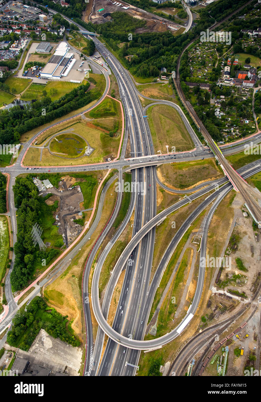 Aerial view, A40, Ruhrschnellweg, released the site, motorway junction Bochum-West, motorway intersection Bochum-West, Stock Photo