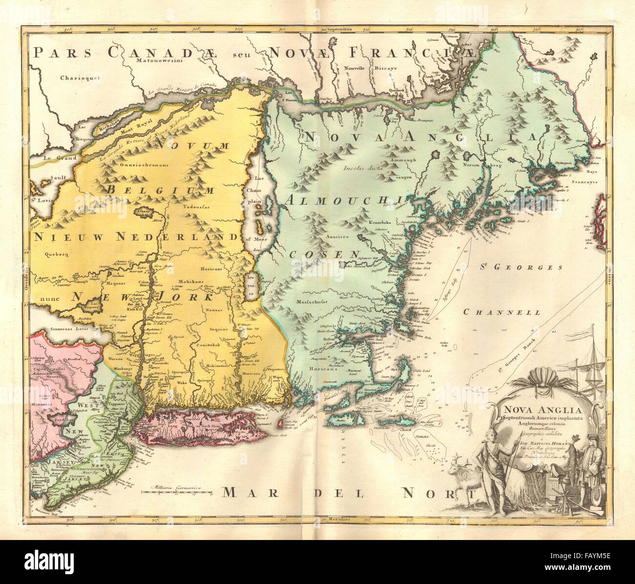 'Nova Anglia'.New England Novum Belgium.Long Island Jorck Shire.HOMANN c1720 map Stock Photo