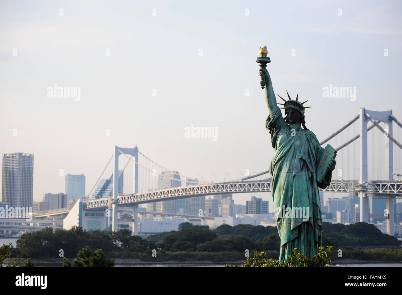 miniature copy of the Statue of Liberty in Odaiba beach in the Tokyo bay Japan Stock Photo
