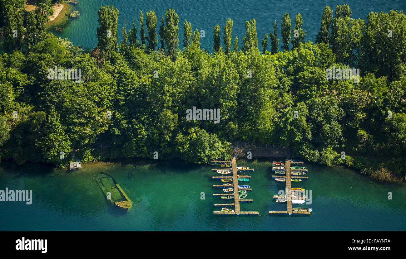 Aerial view, sunken boat with fishermen on Escher lake in Cologne, green turquoise waters, Cologne, Rhineland, Stock Photo