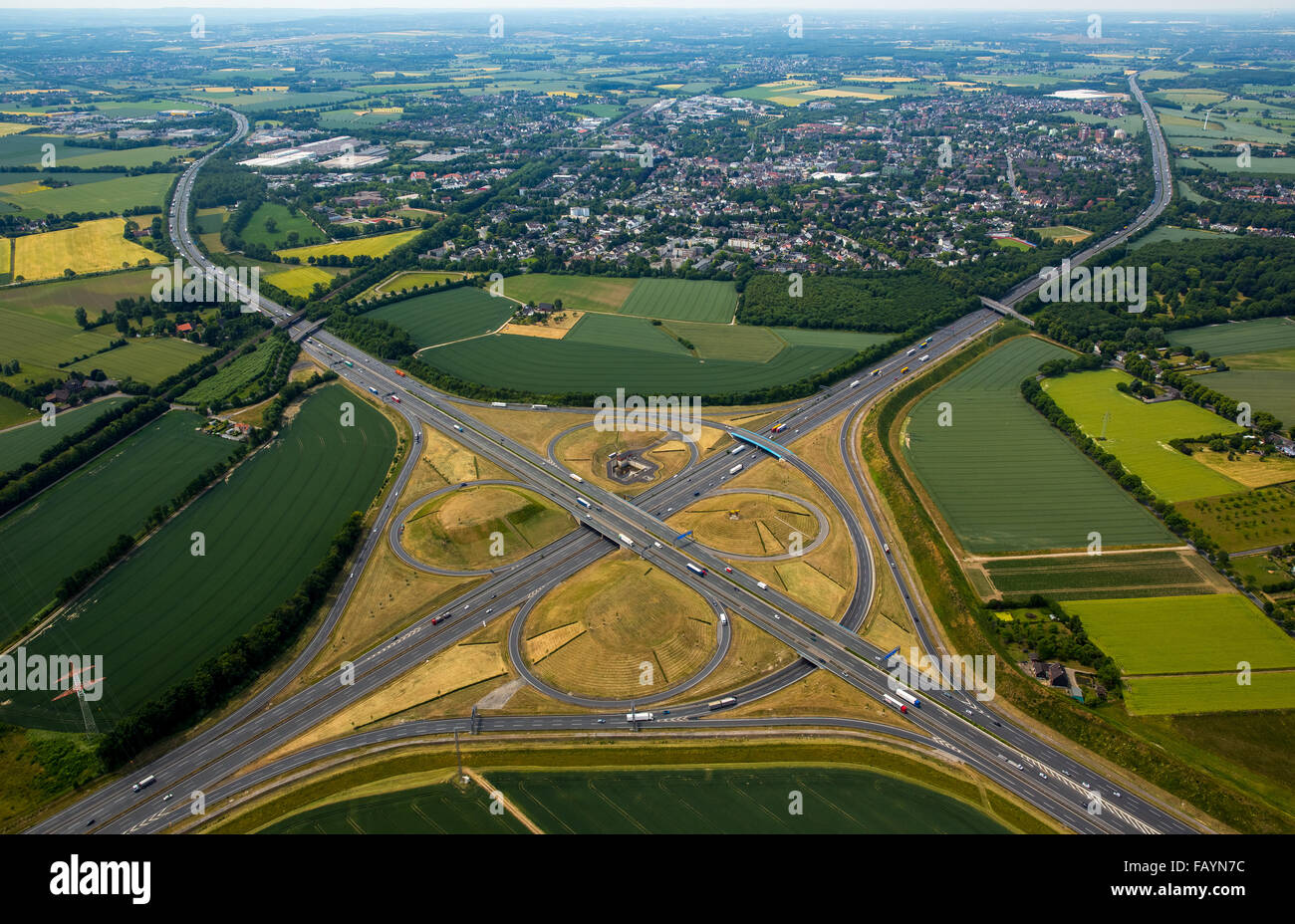 Aerial view, Kamener Kreuz motorway interchange A2 and A1, motorways, Kamen, Ruhr area, North Rhine-Westphalia, Germany, Rhine Stock Photo