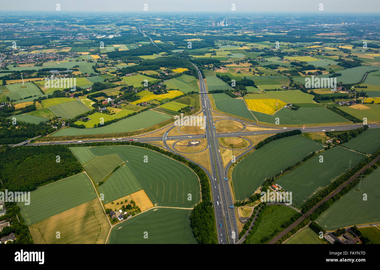 Aerial view, Kamener Kreuz motorway interchange A2 and A1, motorways, Kamen, Ruhr area, North Rhine-Westphalia, Germany, Rhine Stock Photo