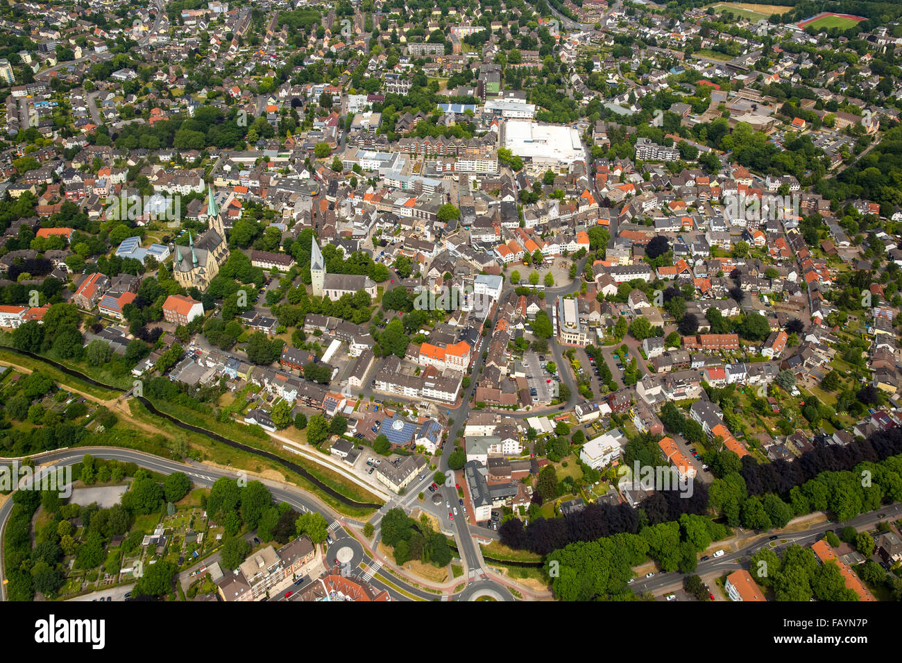 Aerial view, overlooking the town center of Kamen, Kamen, Ruhr area, North Rhine-Westphalia, Germany, aerial view, Stock Photo