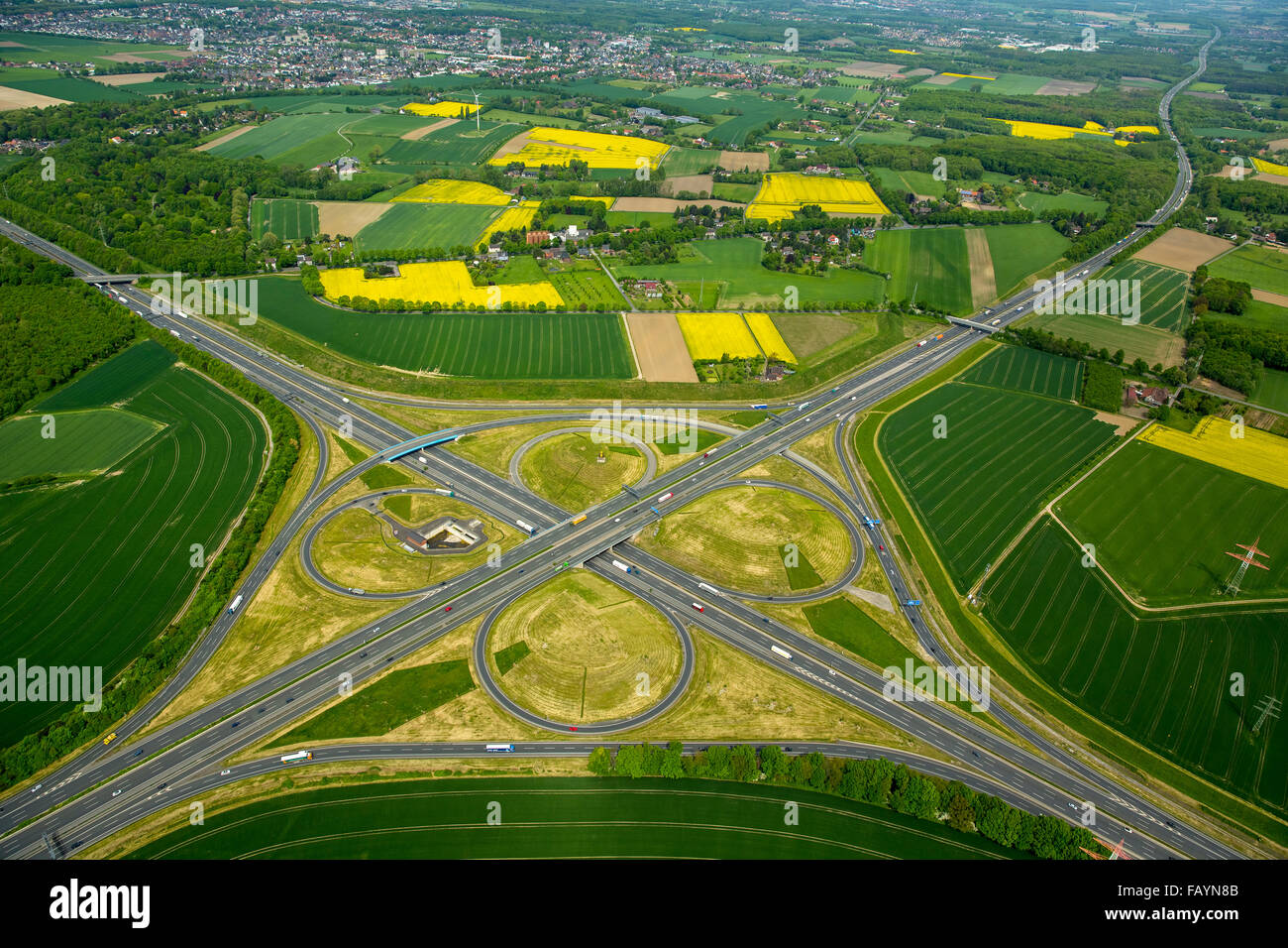 Aerial view, Kamener Kreuz motorway interchange A2 and A1, motorways, Kamen, Ruhr area, North Rhine-Westphalia, Germany, Stock Photo