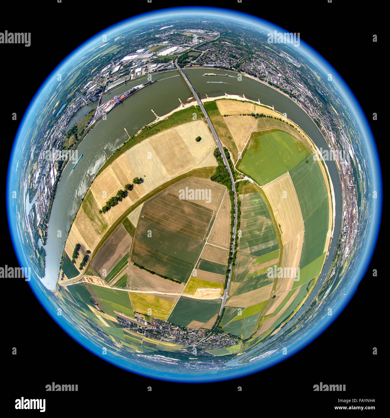 Aerial view, construction, flood protection, Rheindeich between Serm Mündelheim and Dusseldorf-Wittlaer, Krefeld, fisheye lens, Stock Photo