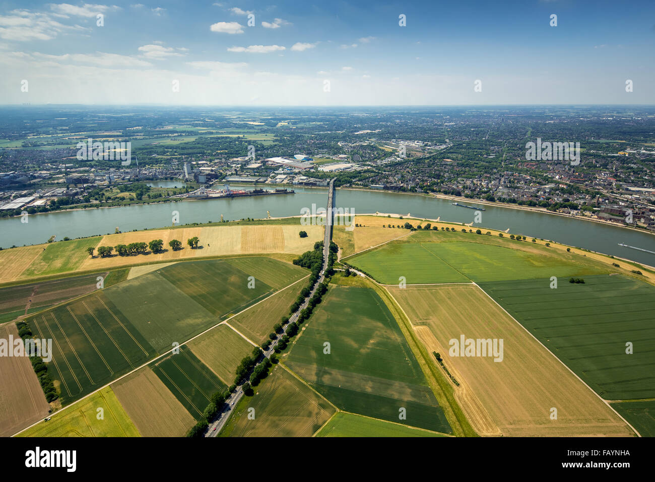 Aerial view, construction, flood protection, Rheindeich between Serm Mündelheim and Dusseldorf-Wittlaer, Krefeld,Duisburg, Rhein Stock Photo
