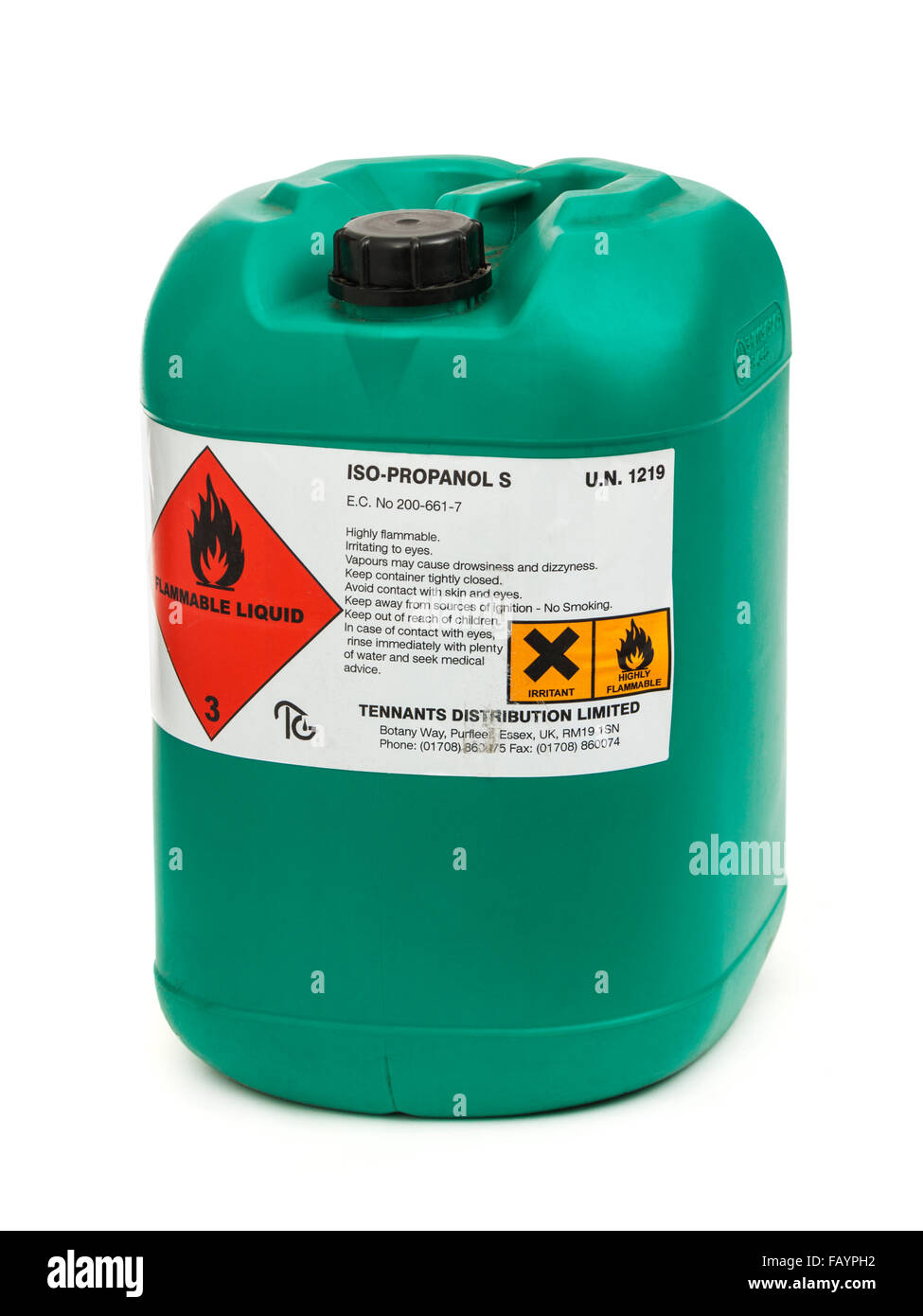 Large container of ISO-PROPANOL (ISOPROPYL Alcohol), a highly flammable liquid Stock Photo