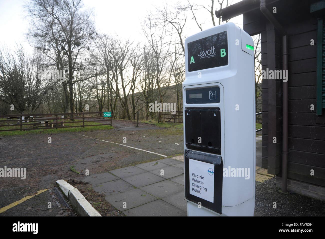 Rural charging point for electric vehicles at Clyde Muirshiel Regional Park, Scotland Stock Photo