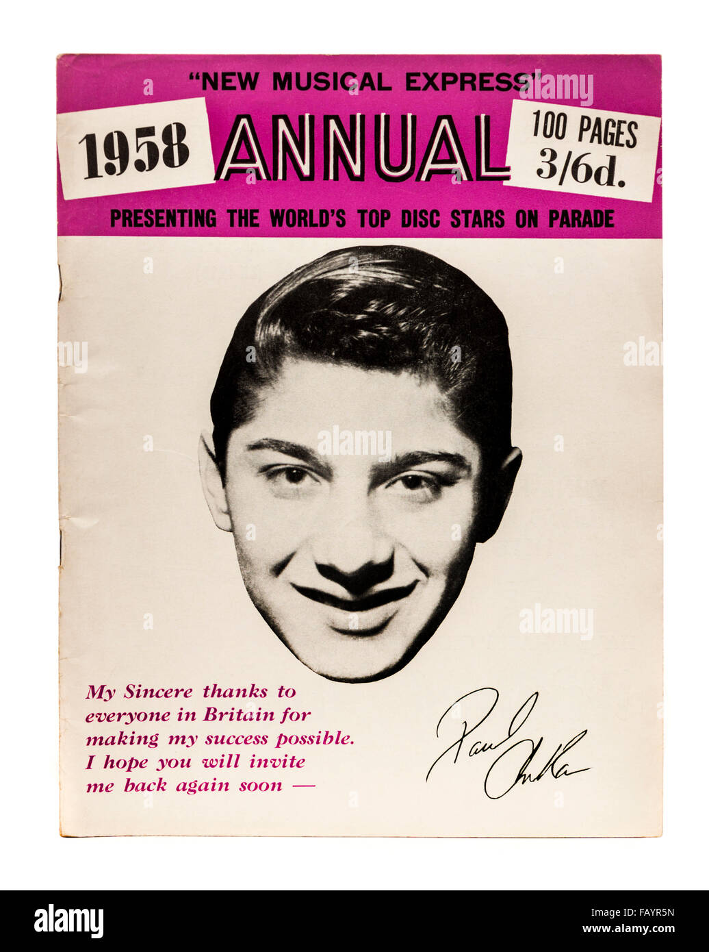 Vintage 1958 copy of the New Musical Express (NME) music magazine annual with Paul Anka on the front cover. Stock Photo