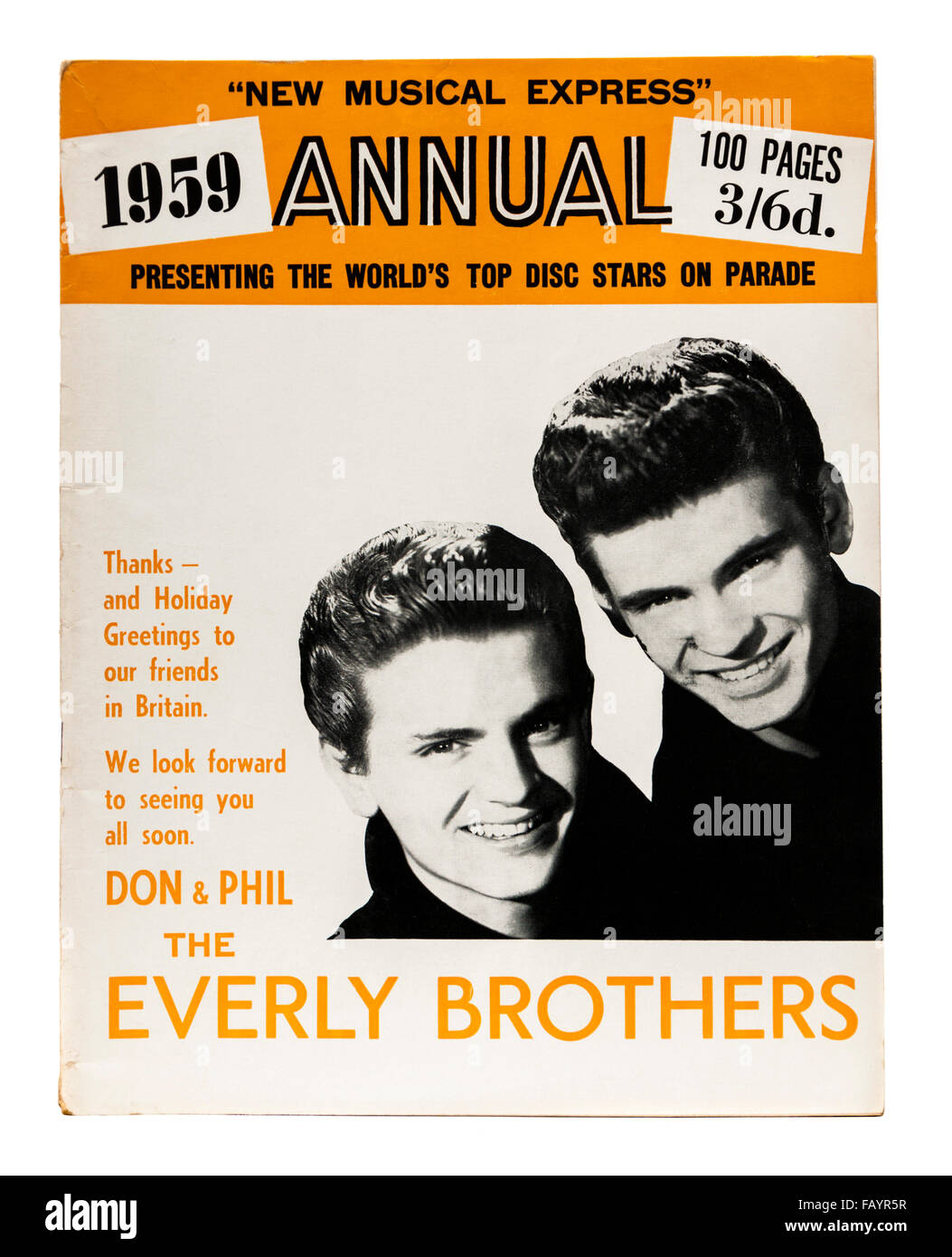 Vintage 1959 copy of the New Musical Express (NME) music magazine annual with The Everly Brothers on the front cover. Stock Photo
