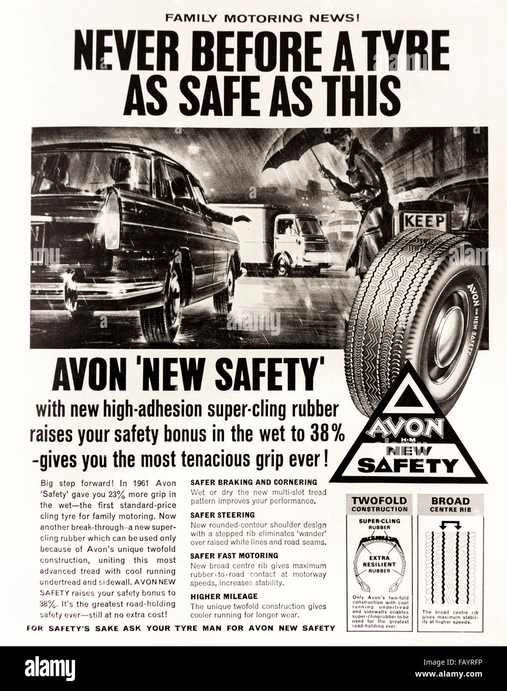 Advert for the new Avon safety tyre in the November 1963 issue of 'Modern Motoring and Travel' magazine Stock Photo
