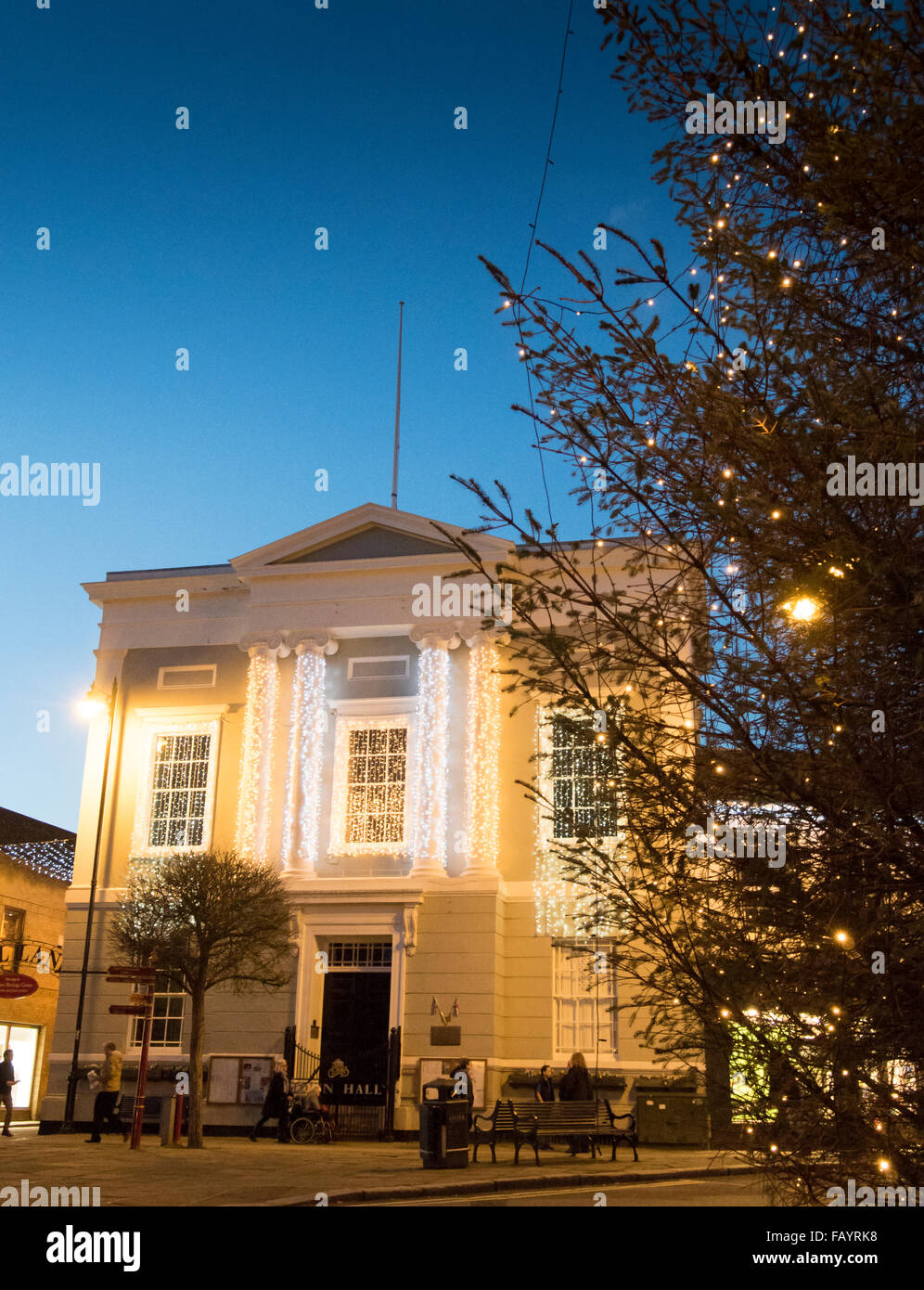 Sudbury Town Hall illuminated with Christmas lights. Stock Photo