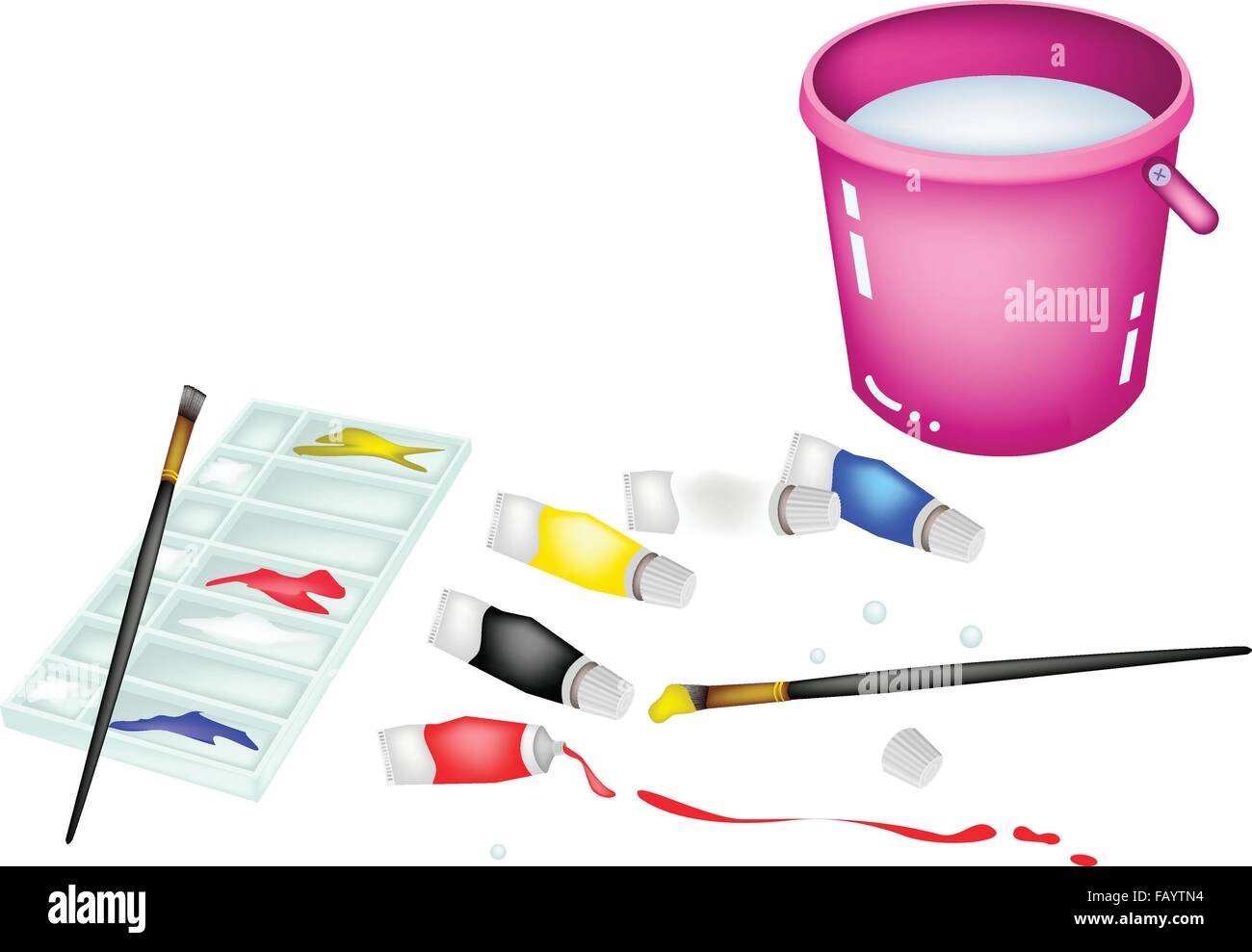 Paint Tubes and Plastic Art Palette With Craft Paintbrushes or Artist