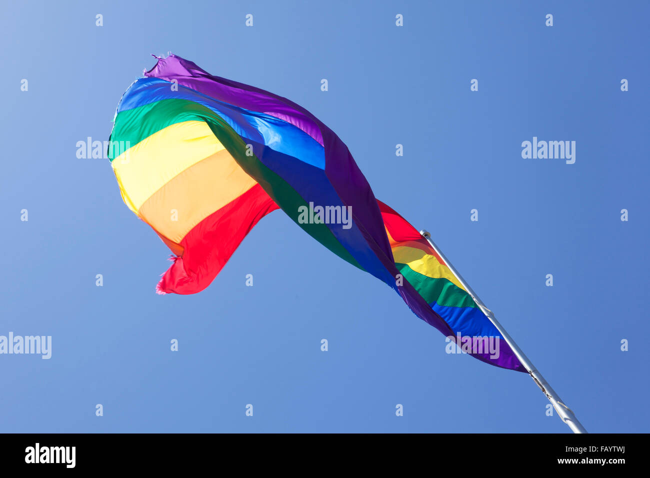 Rainbow flag with blue sky in San Francisco Stock Photo