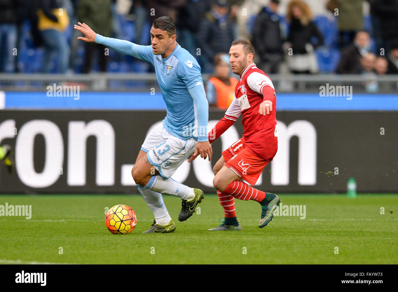 Mauricio fights for the ball with Antonio Di Gaudio during the Italian Serie A football match S.S. Lazio vs F.C. Carpi at the Olympic Stadium in Rome, on January 06, 2016. Stock Photo