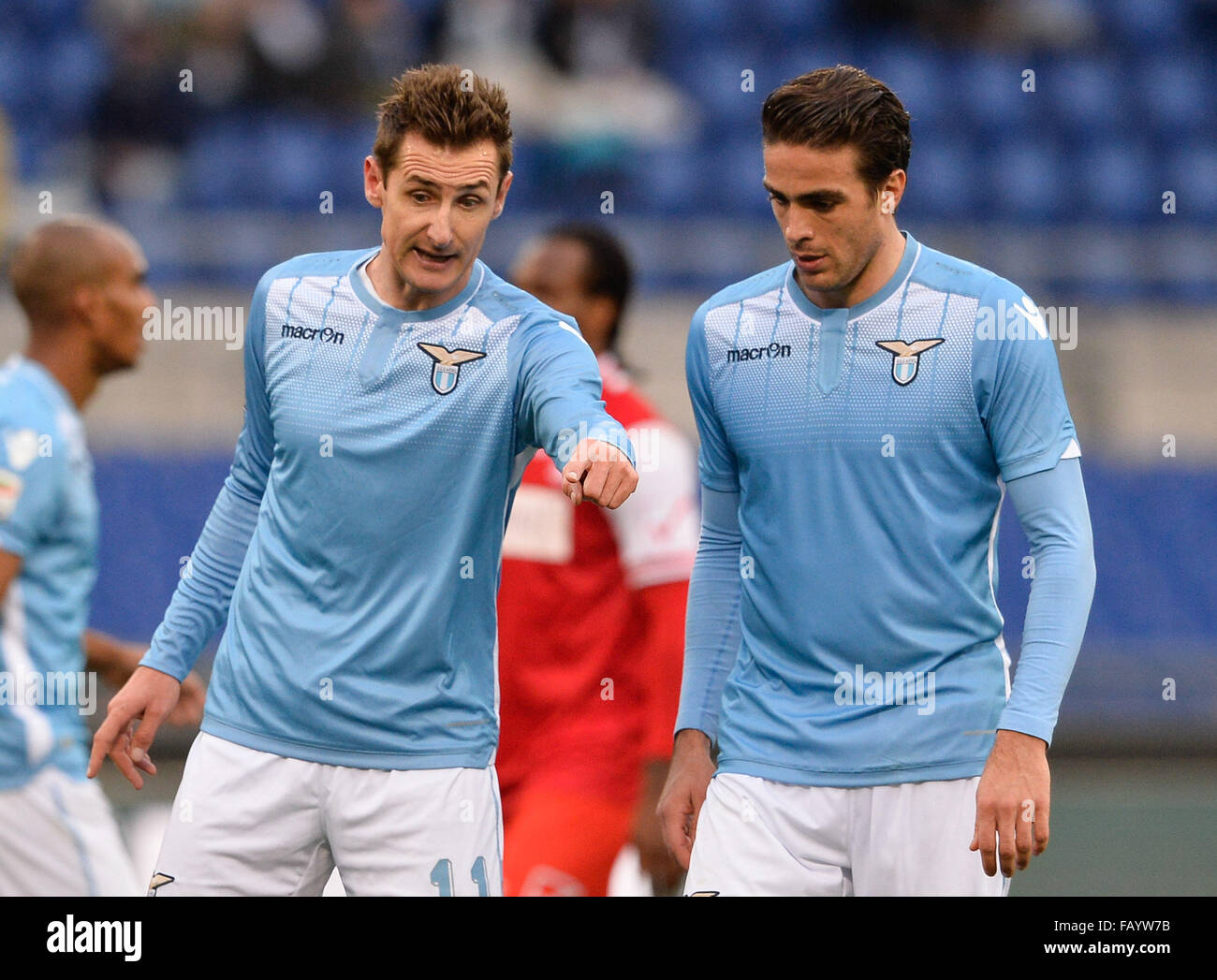 Alessandro Matri gestures with Miroslav Klose during the Italian Serie A football match S.S. Lazio vs F.C. Carpi at the Olympic Stadium in Rome, on January 06, 2016. Stock Photo