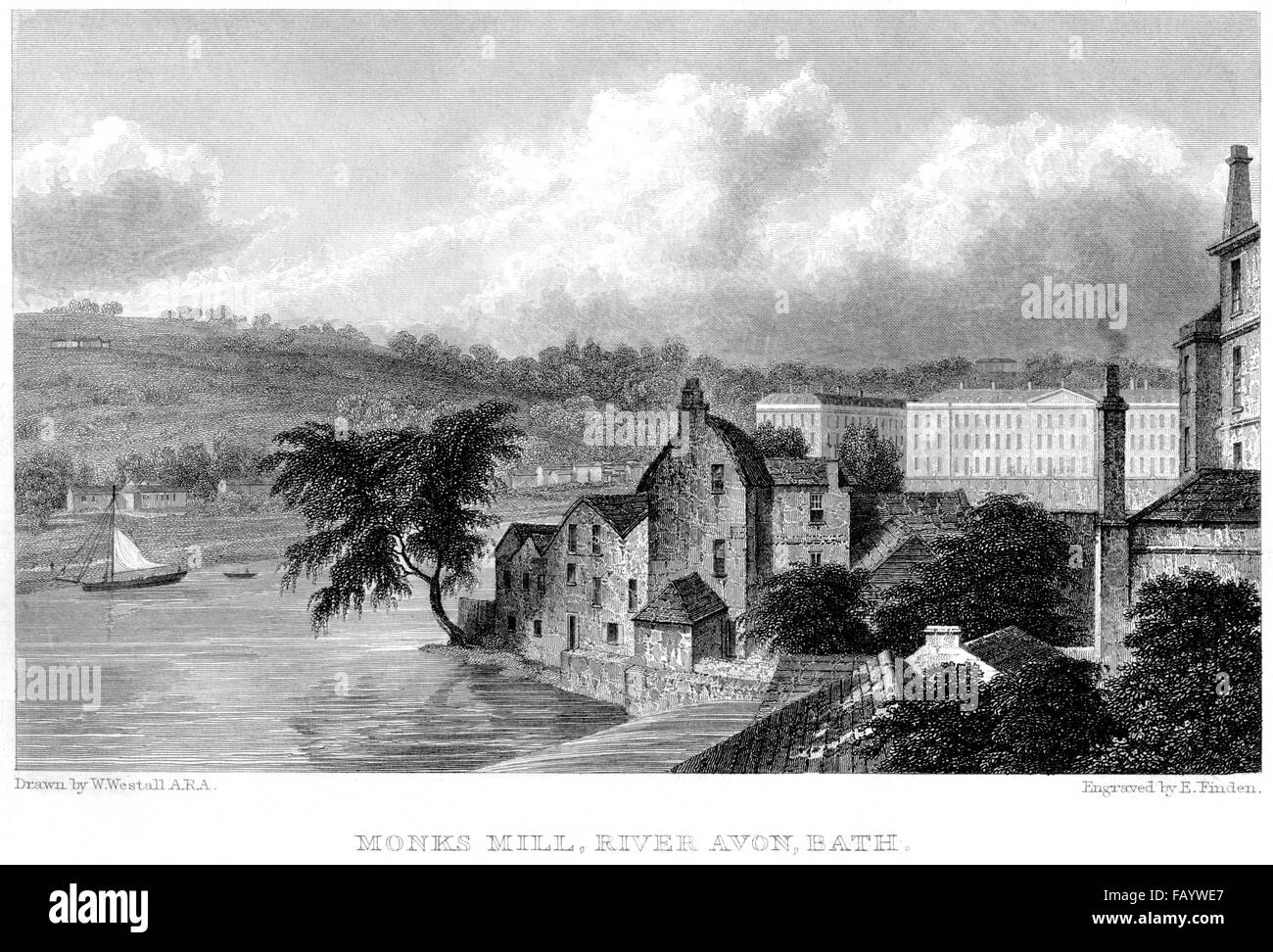 An engraving of Monks Mill, River Avon, Bath scanned at high resolution from a book printed in 1834. Believed copyright free. Stock Photo