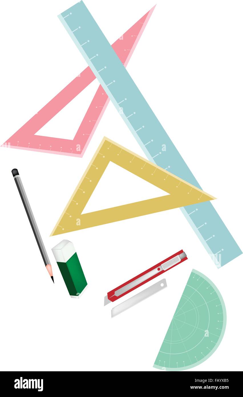 Drawing Equipment, A Collection of Geometric Rulers and Protractor with