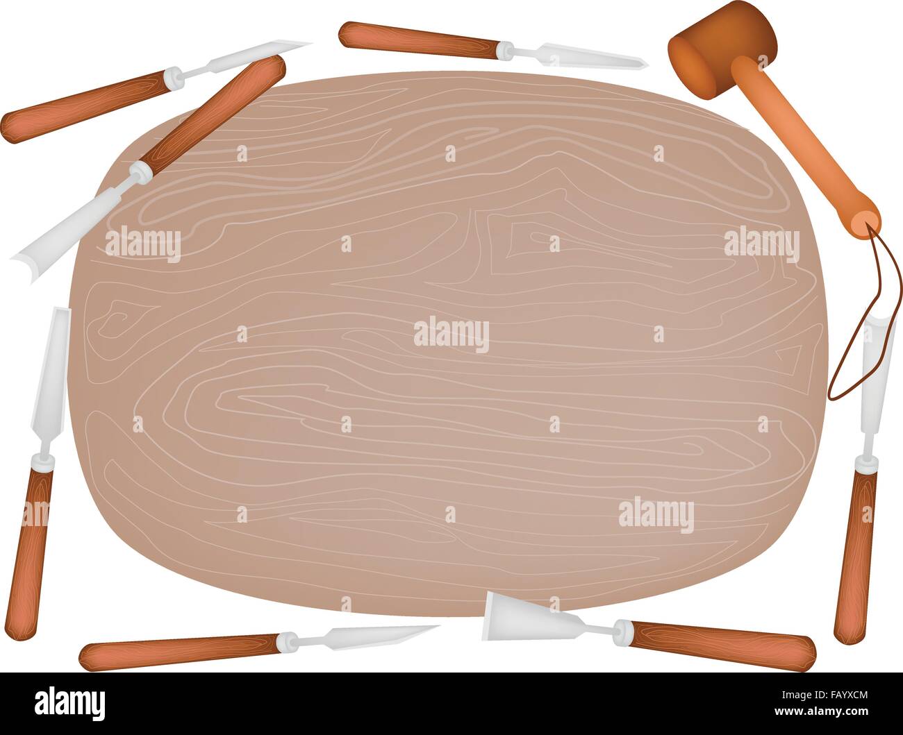 Carving Tools and A Wooden Mallet Laying Around A Piece of Wood For Create A Sculpture Isolated on White Background. Stock Vector