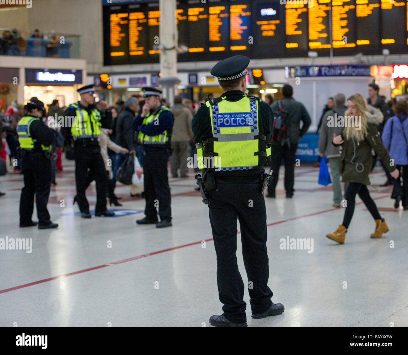 The Metropolitan Police are posting more officers in Underground Stations following the suspected terrorist attack at Leytonstone Underground Station. Featuring: British Transport Police Officer Where: London, United Kingdom When: 06 Dec 2015 Stock Photo