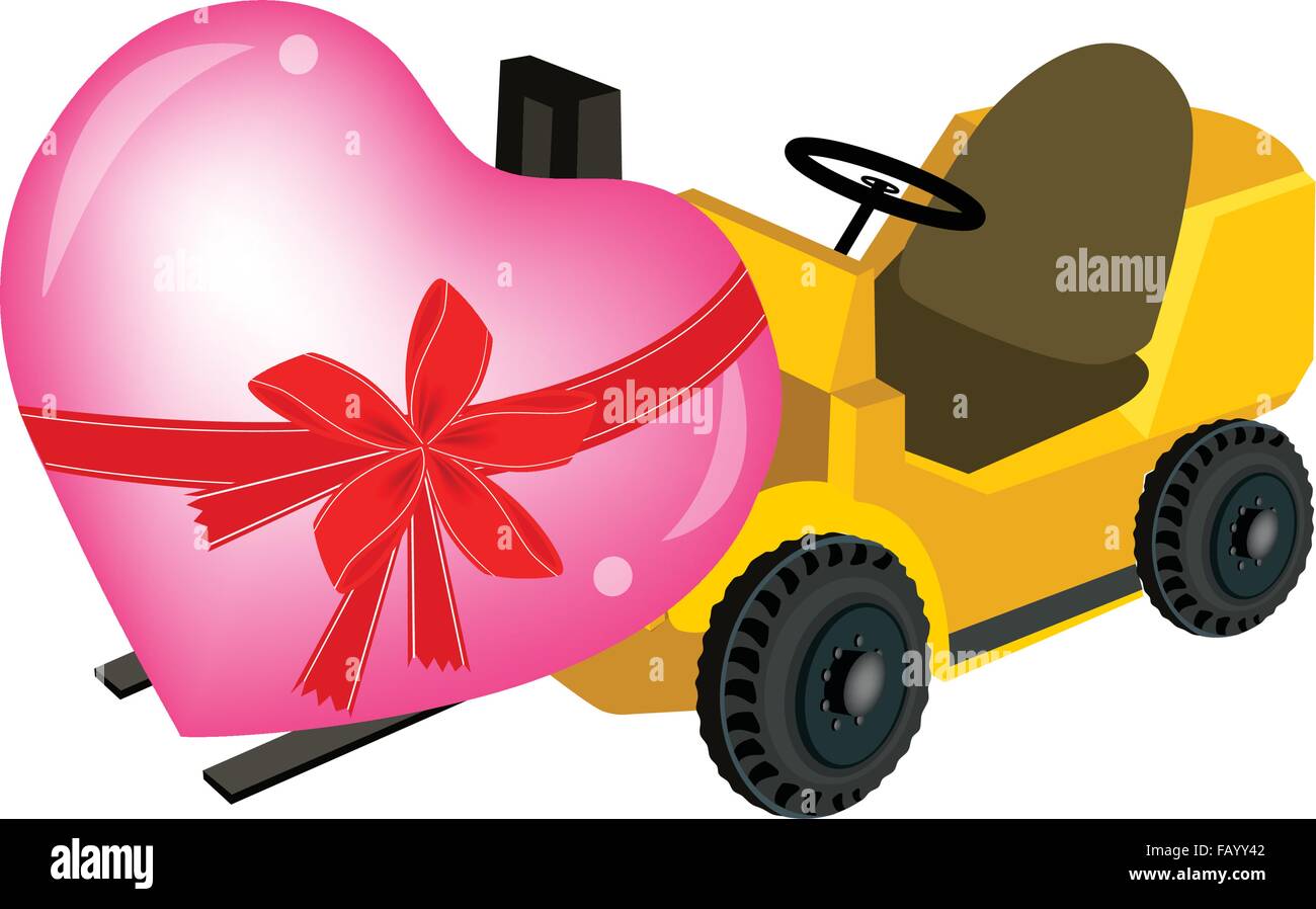 Powered Industrial Forklift, Fork Heavy Machine, Fork Truck or Lift Truck Loading A Lovely Pink Heart, A Perfect Gift or Present Stock Vector