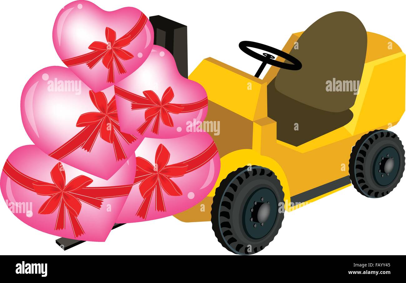 Powered Industrial Forklift, Fork Heavy Machine, Fork Truck or Lift Truck Loading A Stack of Lovely Pink Hearts, A Perfect Gift Stock Vector