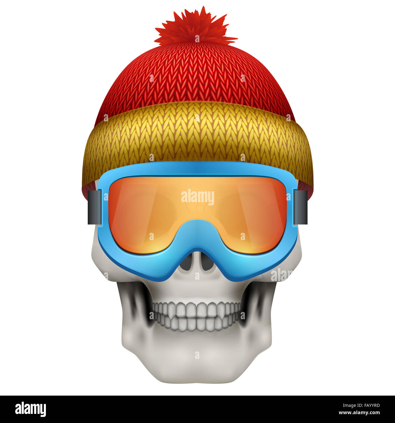 Human skull with winter hat and goggles. Stock Photo