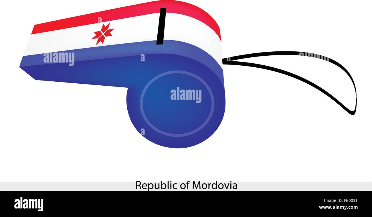 An Illustration of A Red Sun Emblem on Horizontal Red, White and Blue Stripe of The Republic of Mordovia Flag on A Whistle, The Stock Vector