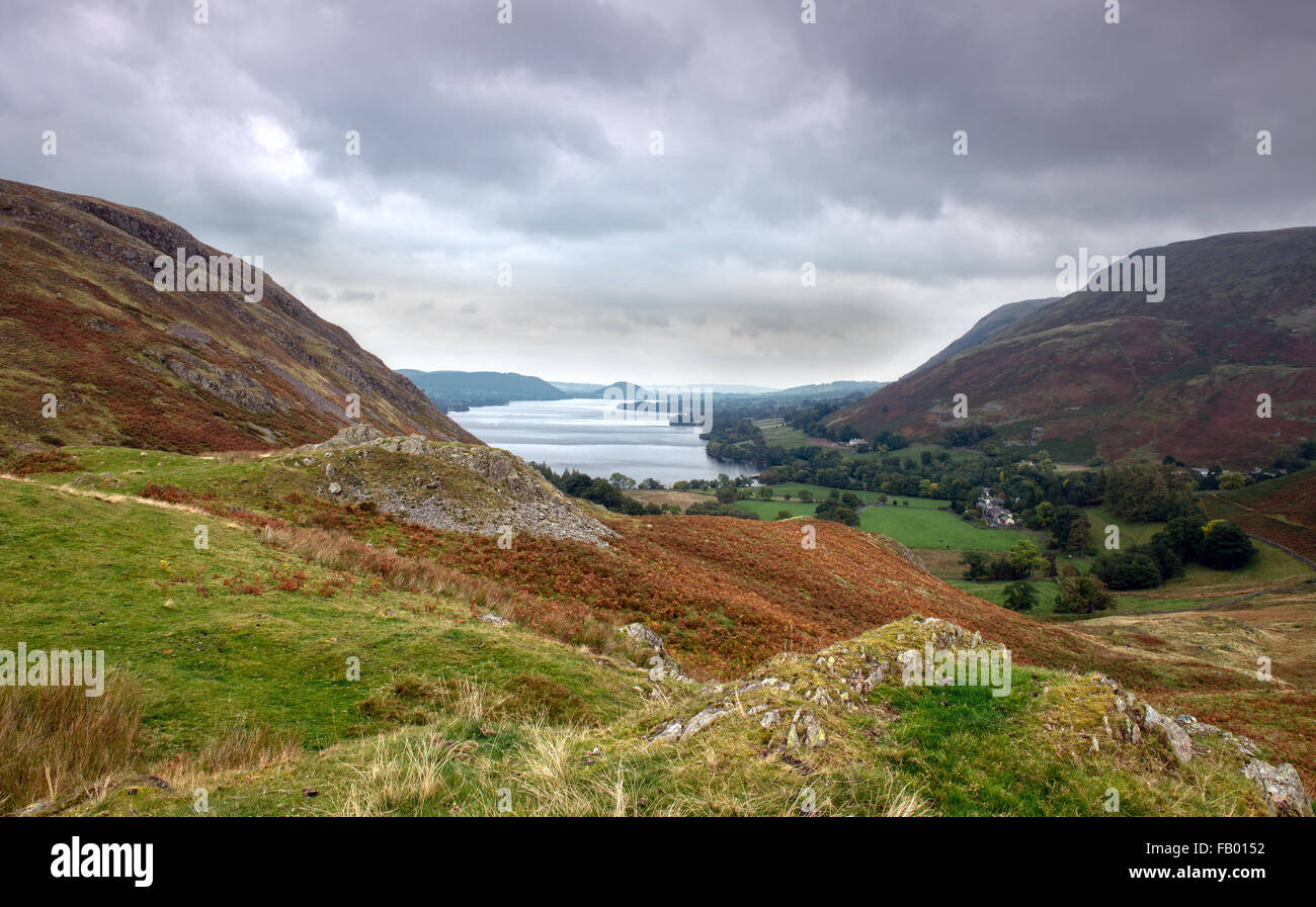 Elevated view of Ullswater from Martindale looking over Hallin Fell, Swarth Fell and Howtown. English Lake District, Cumbria, UK Stock Photo
