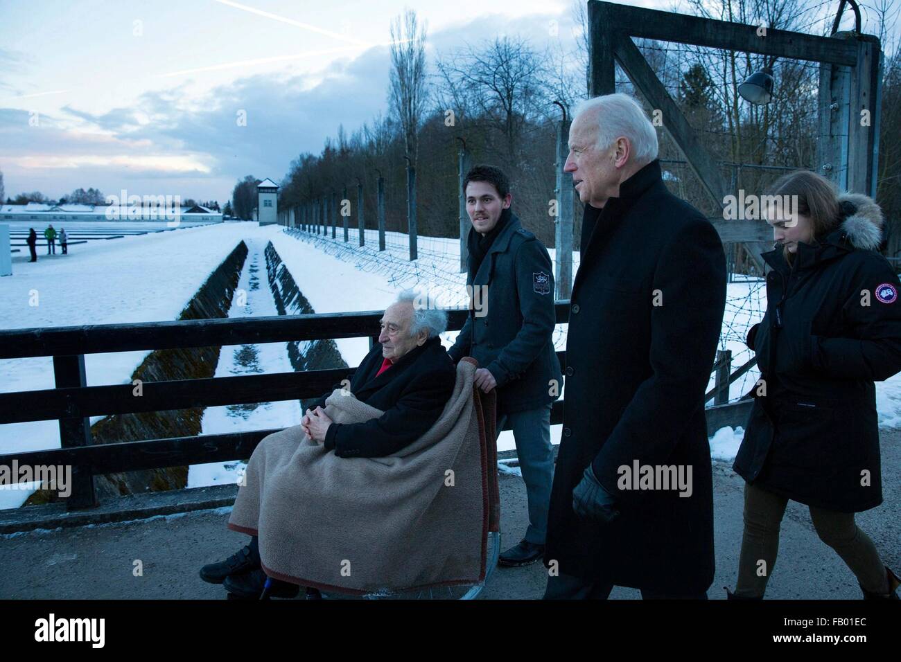 U.S Vice President Joe Biden and his granddaughter Finnegan Biden tour the Dachau Nazi concentration camp with Max Mannheimer, a 95-year-old Holocaust survivor February 8, 2015 in Dachau, Germany. Stock Photo