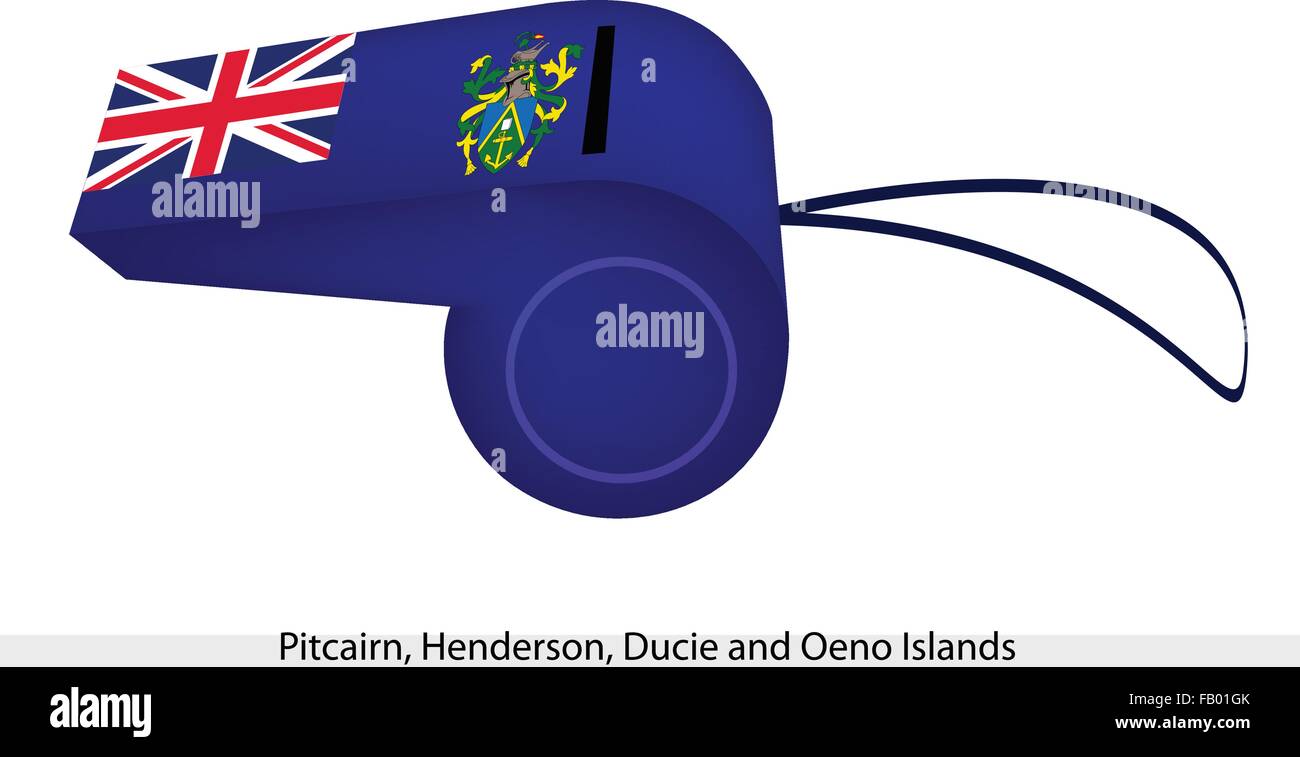 The Coat of Arms of with Union Jack on Blue Field of The Pitcairn, Henderson, Ducie and Oeno Islands Flag on A Whistle, The Spor Stock Vector