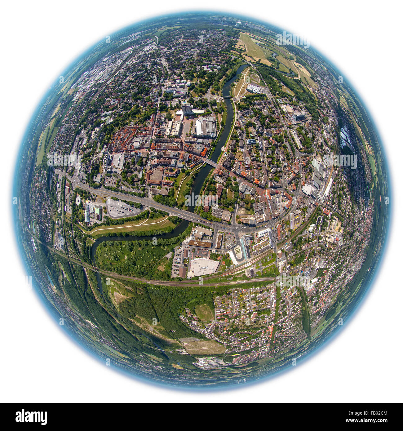 Aerial view, fisheye image, overlooking the city center of Lünen with lip and Piazza, Fish Eye Shot, Panorama, Fisheye Lens, Stock Photo