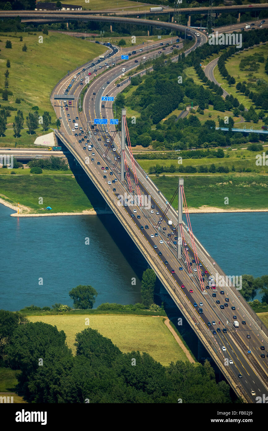 Aerial view, highway bridge closed to truck traffic, ailing motorway bridge over the Rhine at Leverkusen -West, pylons, Stock Photo